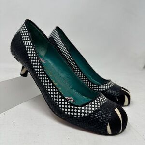 Irregular Choice kitten heels in polka dots, zebra, and reptile patterns